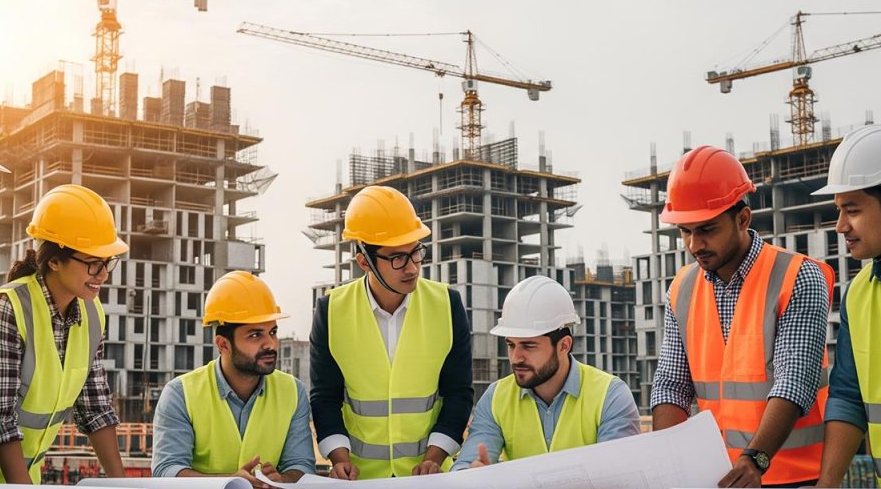 Engineers and site managers reviewing building plans in front of a construction site
